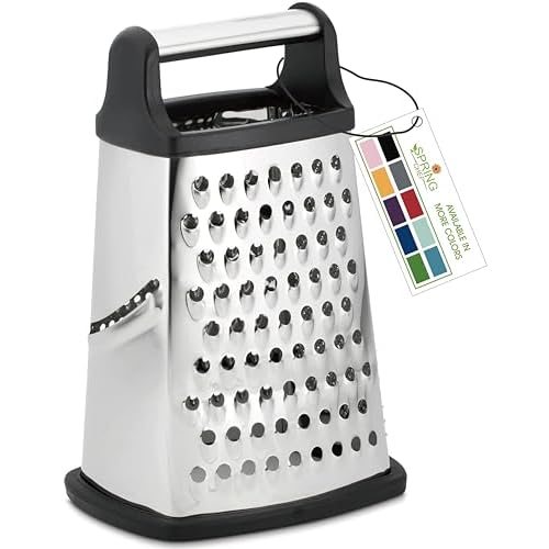 Spring Chef Professional Cheese Grater – Stainless Steel, XL Size, 4 Sides – Perfect Box Grater for Parmesan Cheese, Vegetables, Ginger – Dishwasher Safe – Black