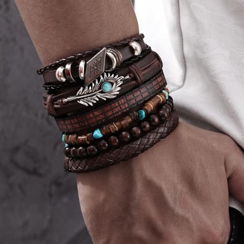 KISS WIFE Leather Bracelet for Men, 4 Packs Punk Bracelets Set, PU Braided Wrap Wristband Skull Skeleton Rock Emo Jewelry Accessories Adjustable Black Brown2