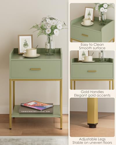 Image of Masupu Nightstand,Bedside Table 3-Tier Modern Night Stand with Storage Drawer and Shelf,Small End Side Table for Bedroom,Living Room,Black (Without Outlet, Green)