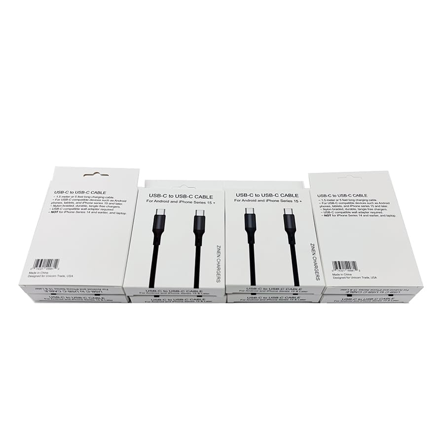 (50 Packs) USB-C to USB-C Cable, 1.5M or 5FT Braided USB Type C Charging Cord, 60W/3A Fast Charge, Compatible with iPhone 15+ and Android Devices