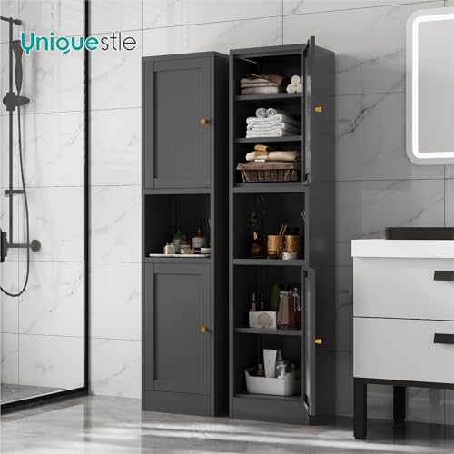 Image of 67 inch Tall Narrow Storage Cabinet with Doors and Open Shelf,Metal Pantry Cabinet,Shaker Style Slim Cabinet with Adjustable Shelves,for Bathroom Kitchen Laundry Small Spaces, Black, 1Pc