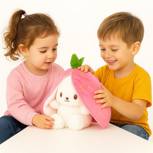 Image of Cute Bunny Plush Toy with Strawberry Hood | Soft Stuffed Animal Toy for Kids | White Rabbit Doll for Gifting & Cuddles 20cm