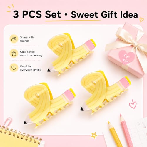 3 Pzas Pinzas para Cabello en Forma de Lápiz Amarillo para Maestras, Accesorios de Pelo miniatura 2