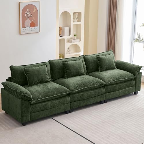 Image of Oprisen 120 inch Modular Sectional Sofa, Comfy Cloud Couch Sectional, Chenille Sofa Sleeper Deep Seat Sofa with Throw Pillows for Living Room (Green, 120 inch- 3 Seater)