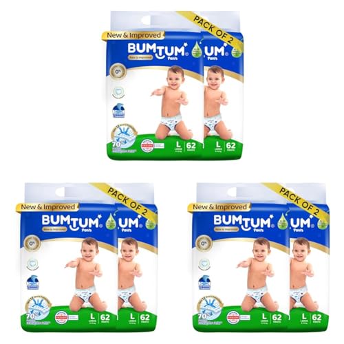 Image of Bumtum Baby Diaper Pants, Large Size, 124 Count, Double Layer Leakage Protection Infused With Aloe Vera, Cottony Soft High Absorb Technology (Pack of 6)