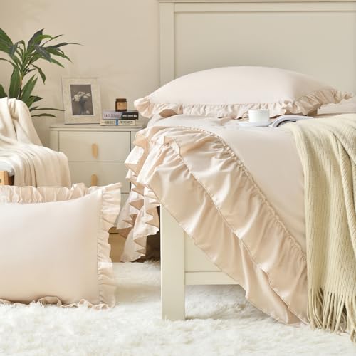 Image of Cupocupa Beige Full Comforter Set, 3Pcs Ruffle Farmhouse Bedding Sets with Comforter & Pillowcases, Soft Shabby Chic Lightweight Fluffy Comforter Set for All Season Bedroom Decor (Beige, F)