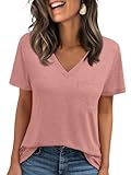 AUTOMET Women‘s V-Neck Pocket Tee, Short Sleeve Loose Fit Basic Top for Spring Summer, Everyday Beach & Travel Pink L