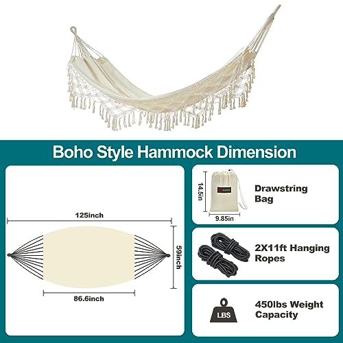 Image of JoyView Boho Macrame Double Hammock with Hanging Ropes & Elegant Tassels 86.6x59 Portable Cotton Hammock for Patio Backyard Porch 450LBS Weight Capacity Perfect for Outdoor /Indoor - Beige Color