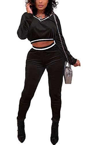 LROSEY Women Casual Velour Tracksuit Jumpsuit Sexy Long Sleeve V Neck Shirts High Waist Skinny Pants Leggings Sets Sweatsuit Black