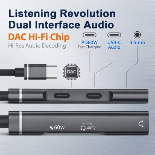 Image of ZORBES USB-C to 3.5mm DAC Audio Adapter, 60W PD Charging | Headphone and Charging Connections, USB DAC Audio Conversion, Data Transfer Support, Splitter Format for Tablets and Laptops