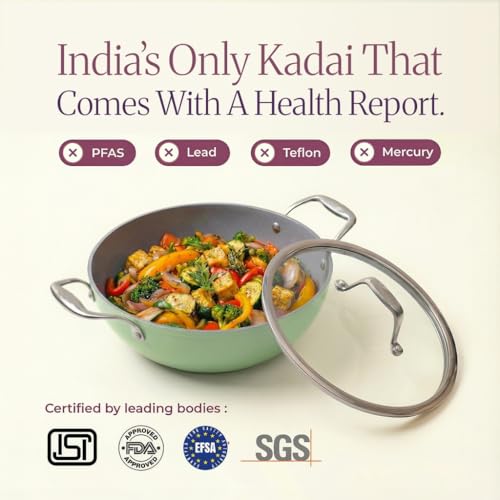 Image of Asai Ceramic Non Stick Kadai 26cm (3.5L) with Glass Lid & Spatula | Green | Swiss Ceramic Coating | Gas & Induction Compatible | Stay-Cool Handles | Lab-Tested | 100% Toxin Free | Silicone Spatula