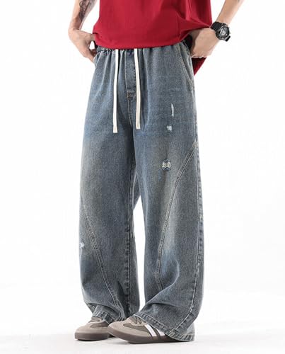 HBER Men's Elastic Waist Baggy Jeans Y2k Wide Leg Denim Pants with Drawstring Mid Rise Loose Fit Distressed Jeans2
