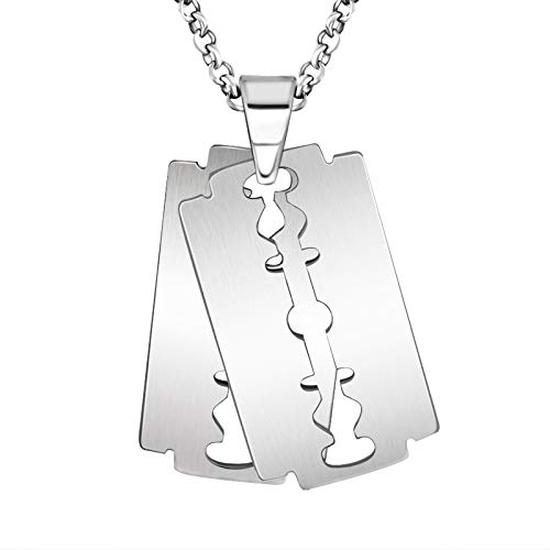 Punk Rock Razor Necklace for Men Statement Stainless Steel Razor Blade Tag Pendant Fashion Wheat Chain Necklace Personalized Hip Hop Stainless Steel