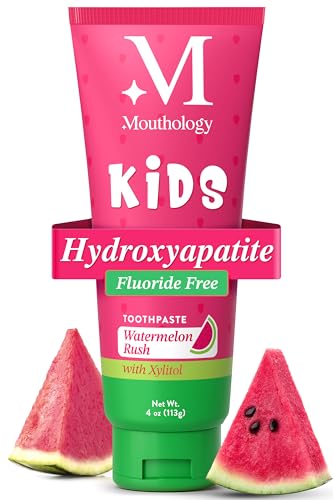 Mouthology Hydroxyapatite Kids Toothpaste Fluoride Free with Xylitol, Non Toxic Fluoride Free Toothpaste for Kids, All Ages (1-3), (3-6) & (6-12) Watermelon, 4oz
