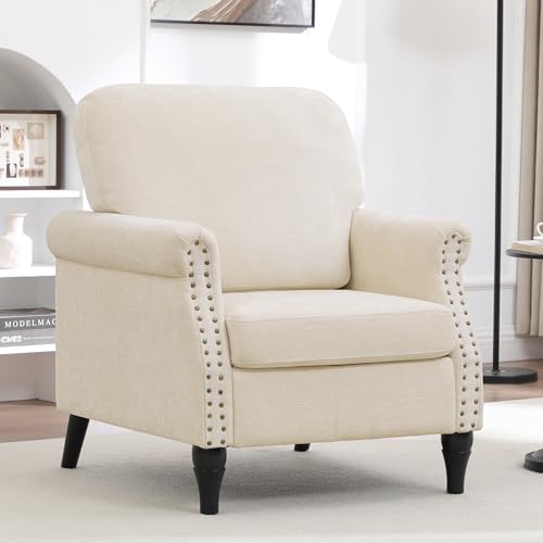 Image of Accent Chair for Living Room, Modern Mid Century Reading Chair Armchair High Back Upholstered Armchair with Wooden Legs for Living Room Bedroom Office (Beige, 1pcs)