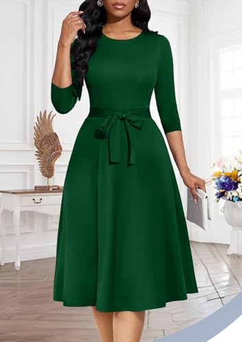 Image of Casual Dresses for Women Midi Church A-Line Fit and Flare Dress Crewneck 3 /4 Sleeve Party Dress