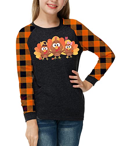 Image of Remimi Girls Thanksgiving Shirts Buffalo Plaid Raglan Tee Cute Turkey Holiday Party Long Sleeve Tshirt 5-14 Years