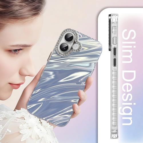 Image of DIZORO Compatible with iPhone 17 Case | Marble Glossy Hard PC Back Cover with Diamond Camera Protector | Ultra Stylish Shockproof Back Cover Case for Girls Women-Sky