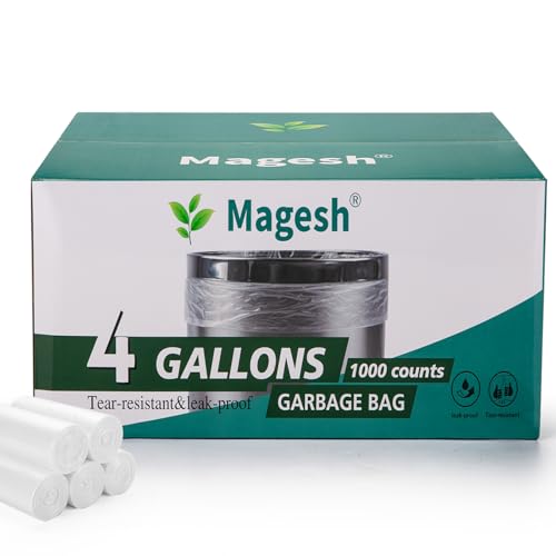 Image of Magesh 4-6 Gallon Trash Bag Strong, Leakage-Free, Small Garbage Bags Unscented Thick for Bathroom, Office, Kitchen Small Trash Can, 15L, 1000 Bags, Clear