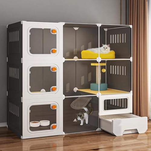 猫ケージ3段 引き出し式猫用トイレ付きキャットケージ、大型3段キャットプレイペン、屋内用キャットエンクロージャー、HD透明DIYキャットクレート、新しいアップグレードドア付き、組み立て簡単(ブラック)