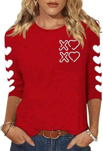 Image of Women's Valentine 3 /4 Sleeve Round Neck Shirt Funny Love Heart Graphic Tee Casual Couple Top Blouse