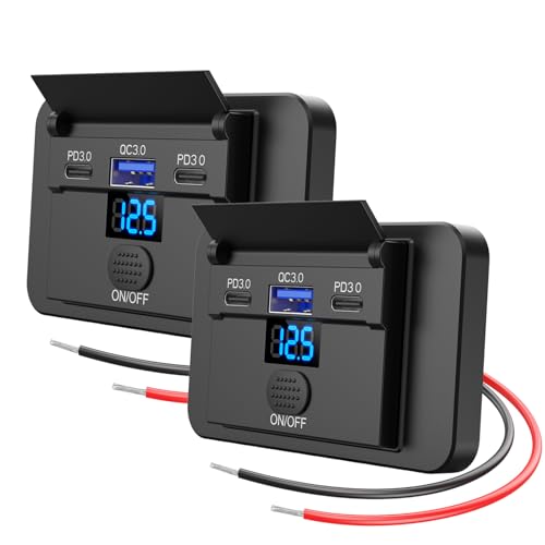 2 Pack 3 Port 12V USB Outlet Surface Mount Lightweight with Voltmeter, Dual USB C 30W and QC 18W Car...