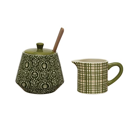 Creative Co-Op Stoneware Creamer And Sugar Pot With Wood Spoon, Green, White And Sienna Pattern #TOP16
