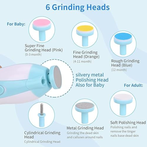 Image of AIRSEE Baby Nail Trimmer Electric Nail Drill Safe File,Baby Nail Clippers with Light & 6 Grinding Pads Polishing Shape Tools for Newborn Toddler or Adults Toes and Fingernails, Kids Nail Care (Blue)