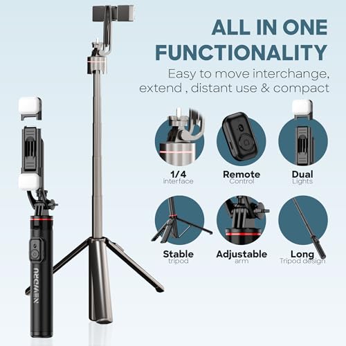 Image of NEWDRU LumiTripod Adjustable Tripod with LED Lights - 360 Rotation & 8 Telescopic Rods | Bluetooth Remote - Selfie Stick with Tripod Stand for Vlogging, Makeup, Photography & Video