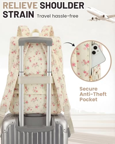 Image of Corduroy Laptop Backpack for Women, Fits 15.6 Inch Computer Bag, College High School Bookbag Travel Daypack Purse, Work Business Bags - Beige Corduroy Floral Pink
