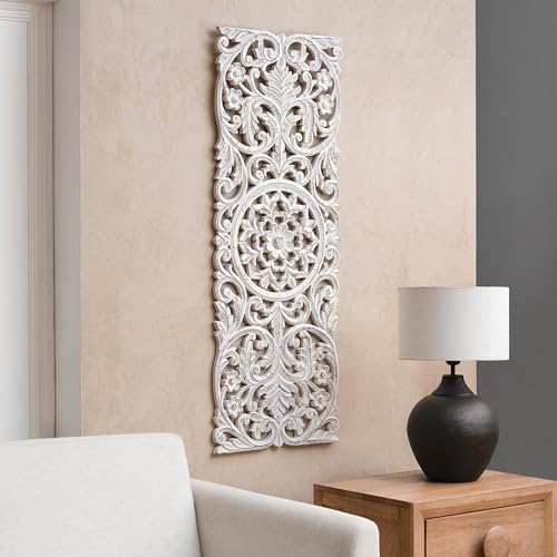 Image of JFY Designs Lisle Hand Carved Wood Medallion Wall Panels Bedroom Decor | Wall Mount Floral Sculpture Wall Art for Living Room, Bedroom Set, White Distressed Finish, Rectangular 18 x 48 inch