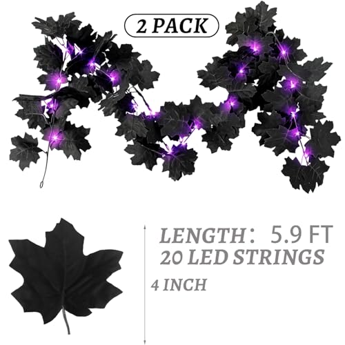 Image of Black Leaf Garland with Purple Lights, 2 Pack Halloween Artificial Hanging Fall Leave Vines with 20 LED, Fall Floral Garlands Thanksgiving Decor for Home Wedding Party (11.8FT)