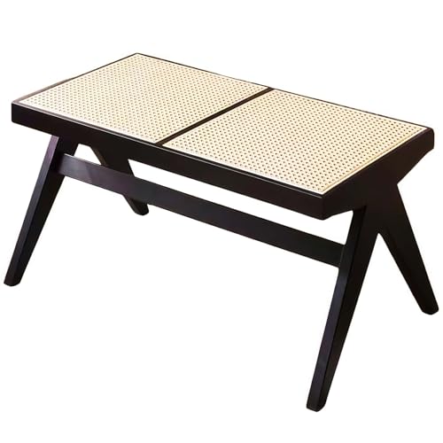 YQYQY天然ラタン編み 木製スツール コンパクト 通気性設計 簡単組立 オットマン 足置き 靴替えベンチ 省スペース 北欧風 無垢材 完成品 軽量 多機能 玄関 リビング 寝室 廊下 和室 収納 インテリア 1人掛け 2人掛け (ブラック,ダブルベンチ)