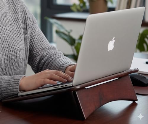 Image of Laptop Stand Universal Heat Dissipation Desktop Foldable Laptop Stand Wooden Notebook Stand Holder with 180 Degree Multiple-Angle Support for MacBook Asus HP Sony 11x11.5 inche Dark Walnut