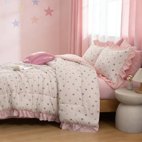 Image of A Nice Night Ruffle 6 Pcs Bed in a Bag Comforter Set,Creamy Background with Bow, Mushroom, Cherry & Butterfly Pattern - Colorful Wonderland Design Bedding Sets,Twin