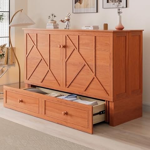 ijuicy Queen Size Murphy Bed with Foam Mattress and Side Storage Board, Cube Cabinet Bed with Charging Station Large Storage Drawers, Space-Saving Foldable Hideaway Bed-Cherry Cover