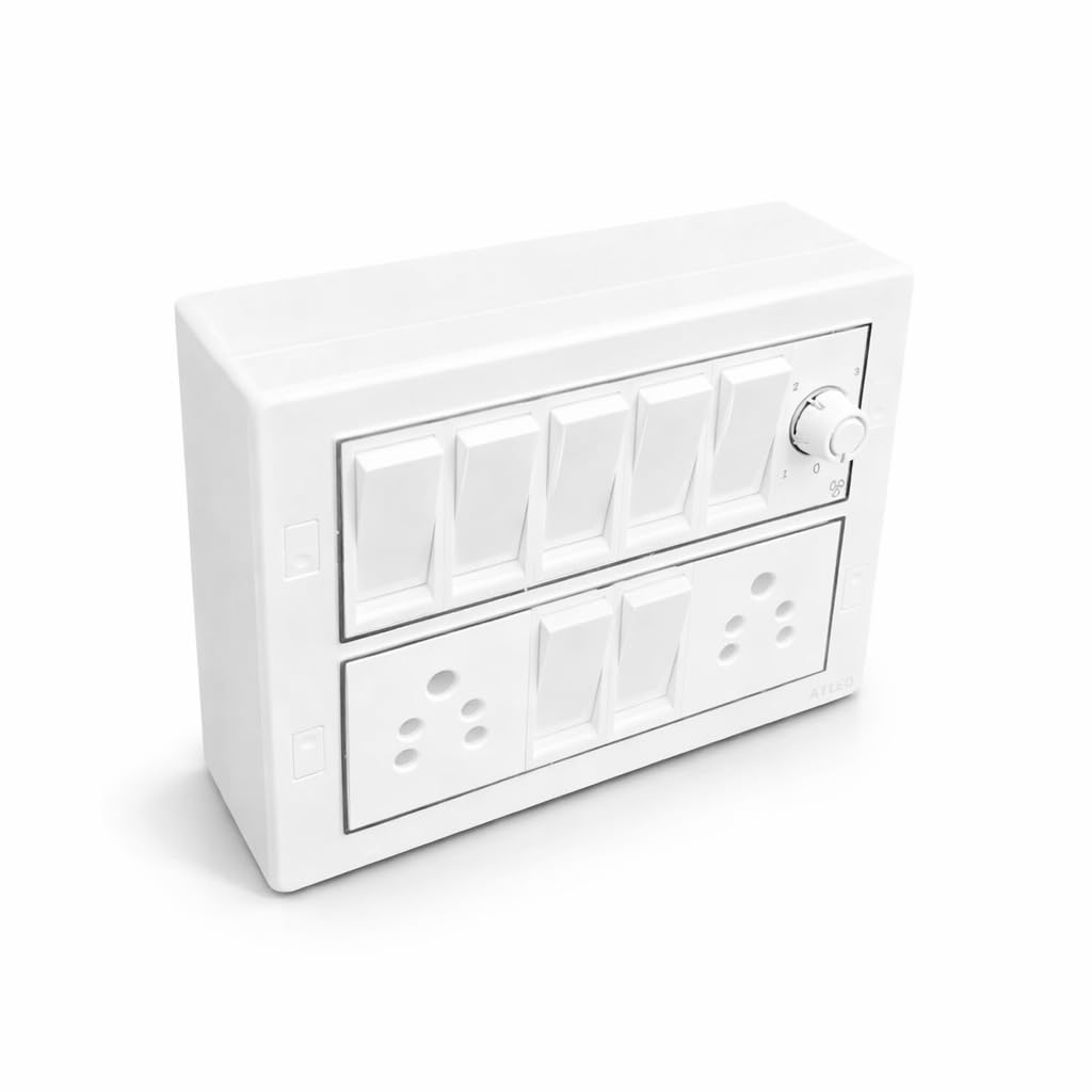 Modern White Electrical Switch Panel with 7 Modules, Multiple Socket and Dimmer Control