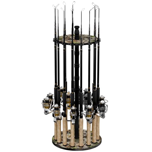 Image of Rush Creek Creations 16-Rod Round Fishing Rod Holder for Garage, 360 Access Fishing Pole Holder for Fishing Rods, Reels, and Gear, Securely Holds 16 Rods, Camouflage
