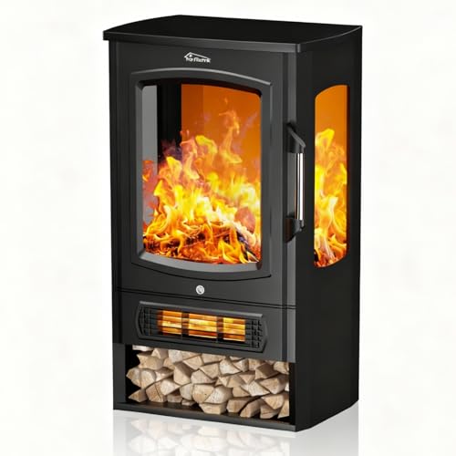 Tronitechnik® Elektrokamin elektrisch - Kaminfeuer mit LED Flammeneffekt, 1kW/2kW Watt Kamin, mit Thermostat Panorama-Sichtfenster Heizfunktion, 2 Heizstufen, mit Ventilation