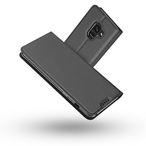 Radoo Galaxy A8 2018 Hülle, Premium PU Leder Handyhülle Brieftasche-stil Magnetisch Folio Flip Klapphülle Etui Brieftasche Hülle Schutzhülle Tasche Case Cover für Samsung Galaxy A8 2018 (Schwarz grau)