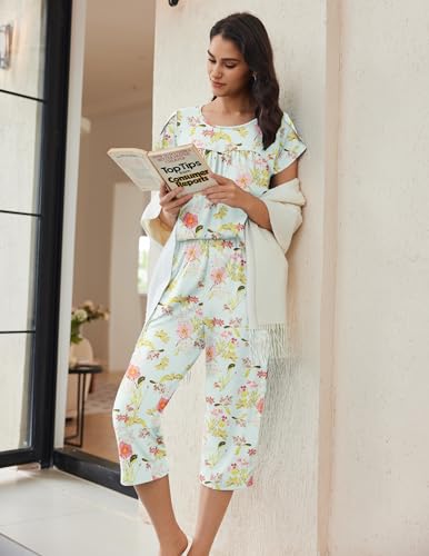 Image of Ekouaer Women's Capri Pajama Set Short Sleeve Mumu Pjs Pleated Top Capri Pants with Pockets Sleepwear Lounge Set