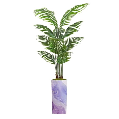 Artificial Palm Tree Indoor with Tall Planter Violet Liquid Watercolor Background Golden Stains Purple Mauve Marble Fake Floor Plant Potted Faux Tropical Palm Plant in Pot Home Decor Outdoor 5.5ft
