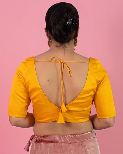 Image of FIGURE'S DESIGNER Women's Dupion Raw Silk Half Elbow Sleeves Sweetheart V Neck Sabyasachi Cut Readymade Saree Blouse S10