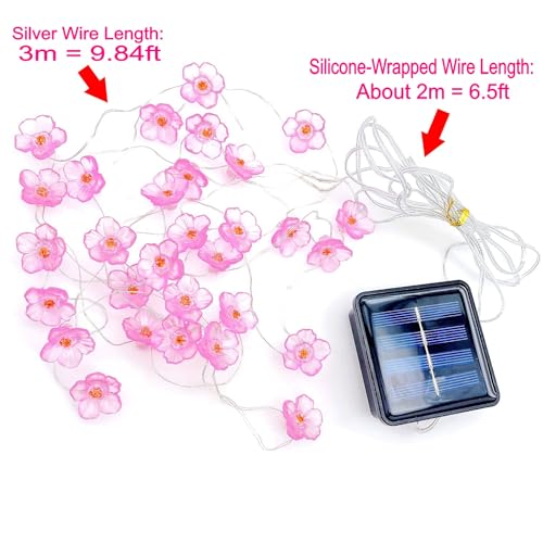 JZK 3m Warm White led Pink Flower String Light Solar Powered Silver Copper Wire Fairy Lights Waterproof Outdoor Garden Decorative Light for Christmas Party Wedding Decoration Bedroom Ornament - Image 2