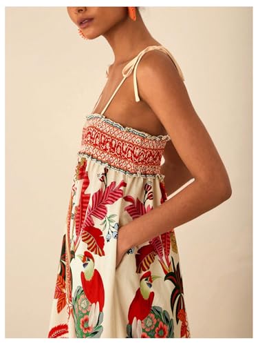 Image of WDIRARA Women's Boho Floral Sleeveless Ruffle Maxi Dress Tropical Graphic Tie Shoulder Smocked Cami Dresses