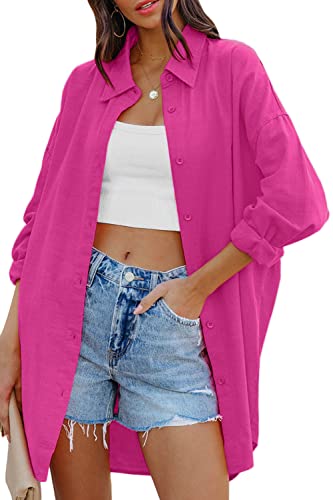 Image of FSHAOES Womens Oversized Button Down Shirts Casual Loose Long Sleeve Solid Lapel Long Blouses Tops with Pockets