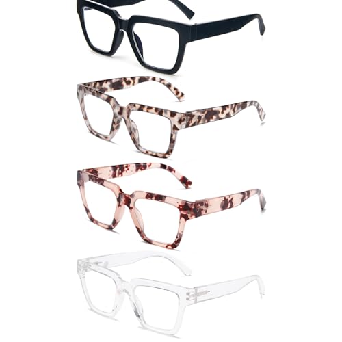 Image of Modern Square Reading Glasses 4 Pack Oversized Eye Glasses Blue Light Blocking Eyestrain Relief