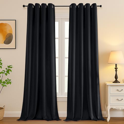 Image of Simplebrand Halloween Black Blackout Curtains for Patio 108 Inches Long 2 Panels Set, Solid Thermal Insulated Room Darkening Grommet Window Treatment Curtains Blackout Drapes, W50 x L108 Inch