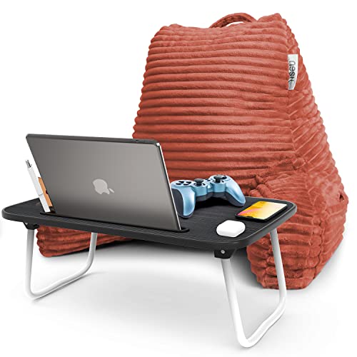 Image of Nestl Misty Rose Reading Pillow with Bed Desk for Laptop and Writing, Luxe Cut Plush Back Pillow for Sitting Up, Back and Arms Adjustable Support for Adult and Teens, Foldable Lap Desk for Bed 22x14 inch