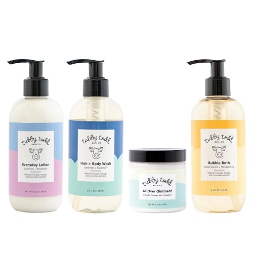 TUBBY TODD Sensitive Skincare Baby Bath Kit - Baby Shampoo and Body Wash, Lotion, All Over Ointment & Bubble Bath - The Essentials Baby Bath Gift Set - Standard Size Lavender Rosemary